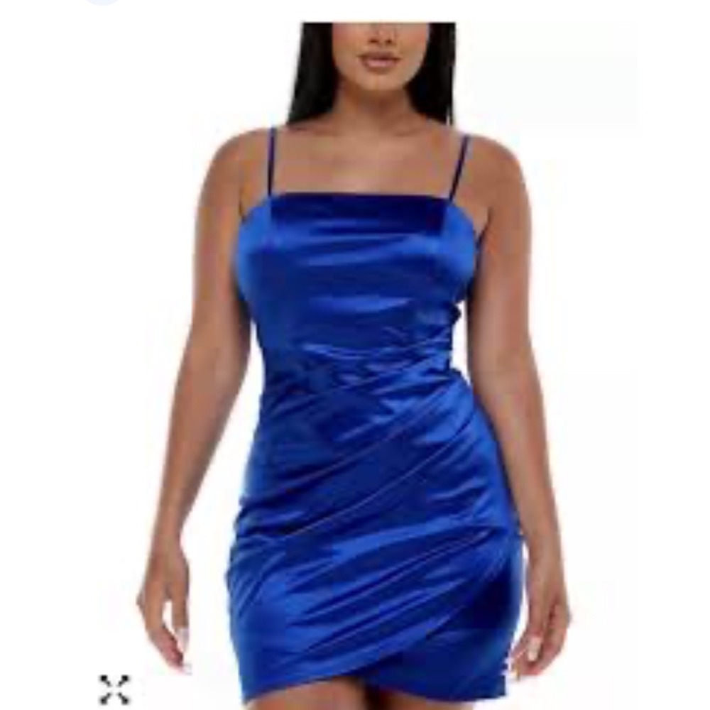 Emerald Sundae Royal Blue Satin Ruched Bodycon Dress Wrap Tulip Hem Cocktail XS